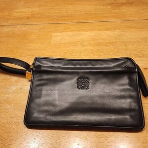Loewe Black Leather Wristlet Clutch with Embossed Logo